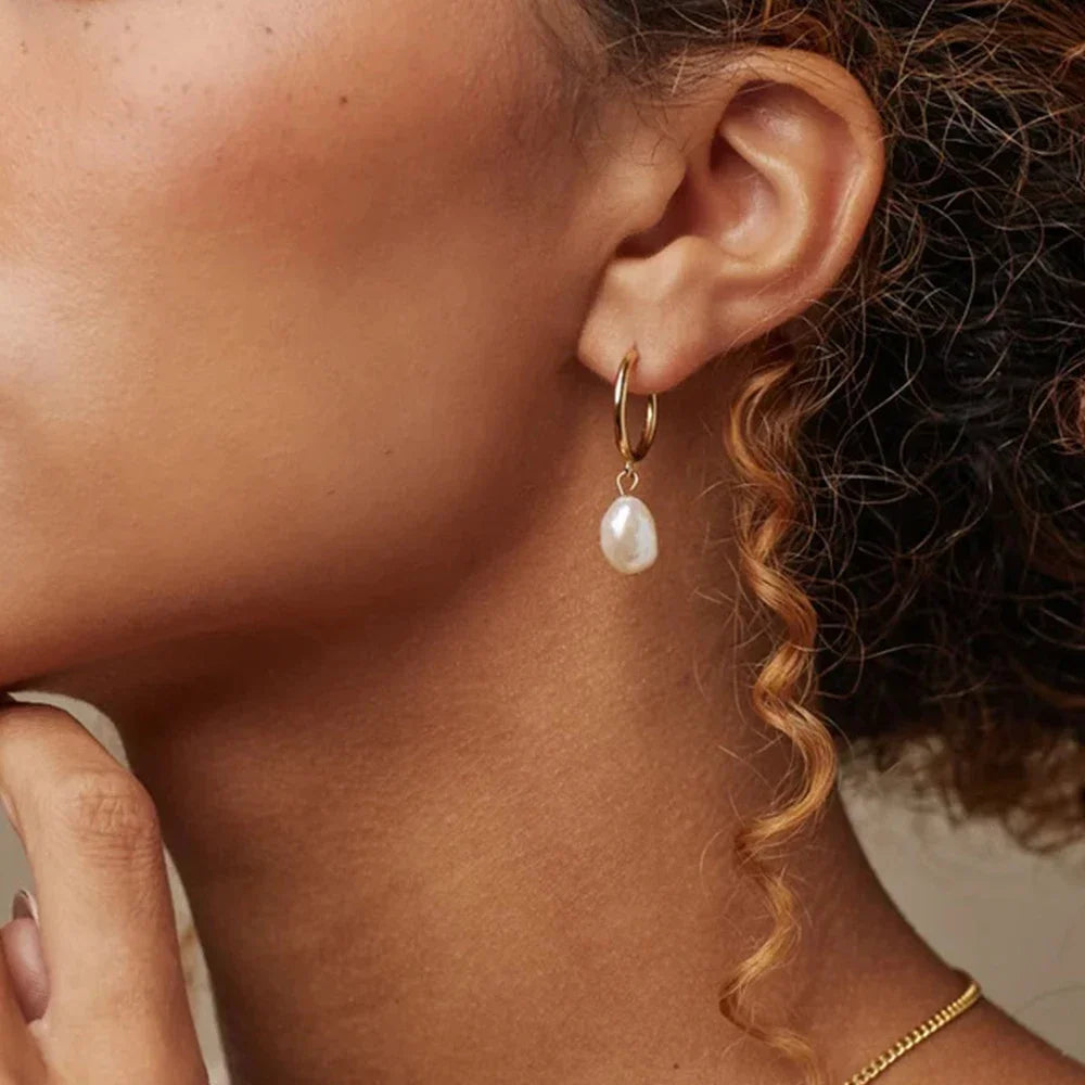 EManco Fashion Natural Freshwater Pearl Pendant Earrings Large Hoop Stainless Steel Gold Color Earrings Gifts Dropshipping-3